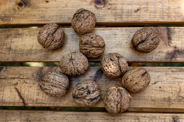 Organic Walnuts Small Garden Rustic Wooden Table — Stock Photo, Image