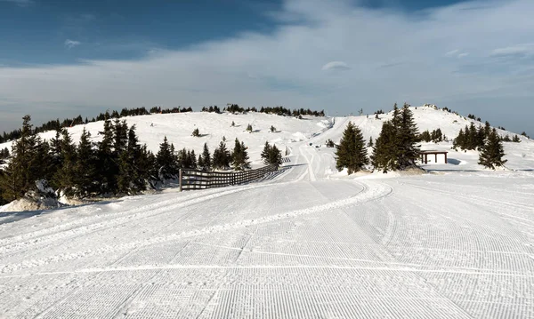 Νωρίς Πρωί Δείτε Ένα Χιονοδρομικών Πιστών Του Σκι Χειμώνα Βουνό — Φωτογραφία Αρχείου