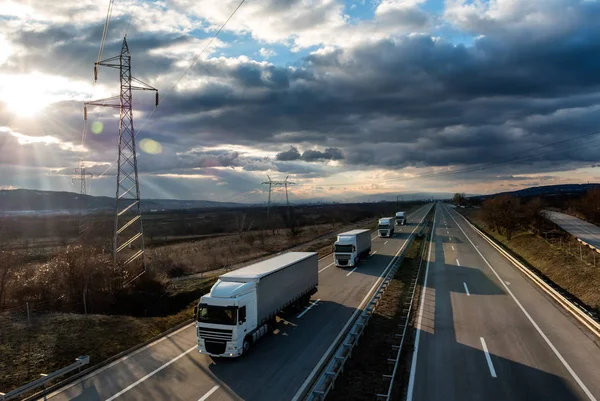 Caravan Convoy Lorry Trucks Country Highway Beautiful Sky — Stock Photo, Image