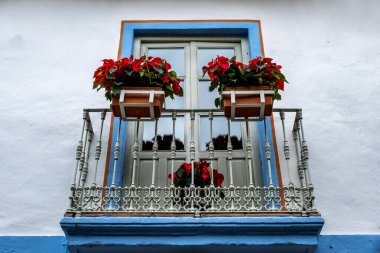 Cordoba 'da pencere ve balkon, İspanya' da Endülüs, Avrupa. Cordoba, Endülüs 'te eski tarz dekore edilmiş duvar. İspanya, Avrupa 'da evin kırsal tasarımı. Mavi çerçeveli ahşap pencere ve içinde beyaz perdeler. Saksıda açan çiçekler