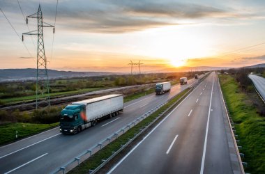 Otoyolda beyaz konteynırlı beş kamyon konvoyu ilkbaharda kargo taşıma konsepti - kargo hizmeti, arka planda dramatik bir günbatımı gökyüzü