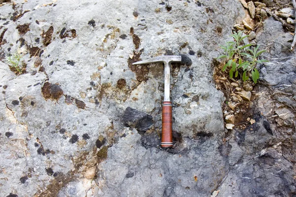 Geologische hamer op de rots — Stockfoto