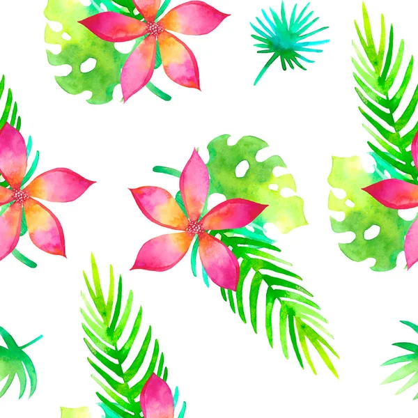 夏季无缝热带模式与丛林花卉浪漫元素-普罗蒂亚和 gibiscus。超紫色背景下季节春季和夏季设计的无尽质感 — 图库照片