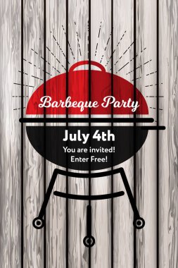 Vektör çizim 4 Julyconcept Barbekü partisi davetiye retro arka plan üzerinde. Barbekü partisi ızgara retro tasarım ahşap arka plan ve ray, kuvvetli güneş ışığı ile