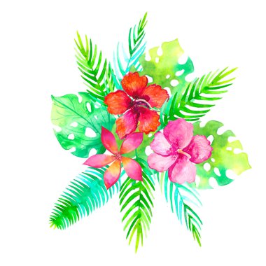Suluboya tropikal buket geleneksel çizim. Resim aquarelle egzotik çiçek beyaz arka plan üzerinde izole. Davetiye kartı tropikal çiçek ve palmiye çiçek kompozisyon yaprak. Düğün tasarım şablonu