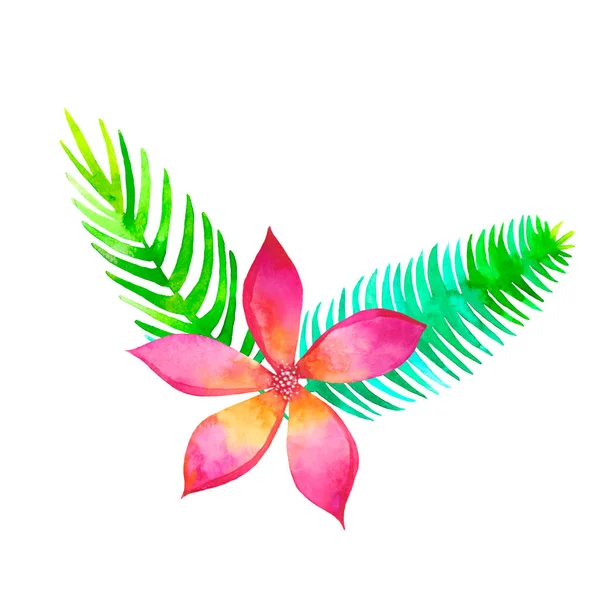 Akvarell tropiska bukett traditionella ritning. Målning aquarelle exotiska blomma isolerad på vit bakgrund. Inbjudan kort tropisk blomma och palm leaf blommig sammansättning. Bröllop formgivningsmall — Stockfoto