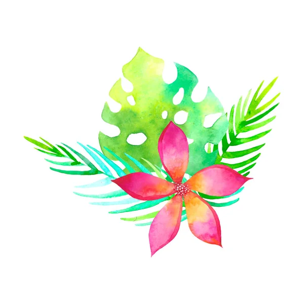 Suluboya tropikal buket geleneksel çizim. Resim aquarelle egzotik çiçek beyaz arka plan üzerinde izole. Davetiye kartı tropikal çiçek ve palmiye çiçek kompozisyon yaprak. Düğün tasarım şablonu