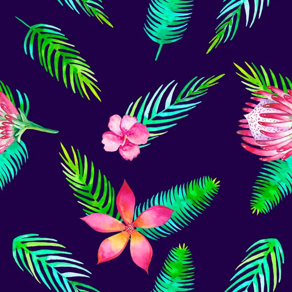 Plage d'été motif tropical sans couture avec des éléments floraux romantiques jungle protéa et gibiscus. Texture infinie de palmier pour la saison printemps et été sur fond ultraviolet — Photo