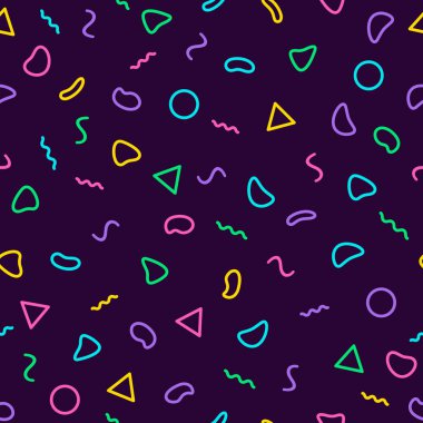 Memphis Dikişsiz desen 80s 90s tarzı. Trendy memphis tarzı. Renkli geometrik arka plan. Hippi tarzı. Renkli geometrik seamless modeli farklı şekiller stil renk. Yazdırma için kumaş, tekstil