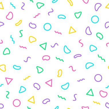 Memphis Dikişsiz desen 80s 90s tarzı. Trendy memphis tarzı. Renkli geometrik arka plan. Hippi tarzı. Renkli geometrik seamless modeli farklı şekiller stil renk. Yazdırma için kumaş, tekstil