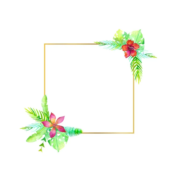Ακουαρέλα ftropic γάμου τετράγωνο πλαίσιο. Χειροποίητη εξωτικό λουλούδι και φύλλο που απομονώνονται σε λευκό φόντο. Ζούγκλα καταπράσινο φύλλωμα στεφάνι. Πρότυπο βοτανικό σχεδίασης. Ιδανικό για πάρτυ γάμου προσκλητήριο — Φωτογραφία Αρχείου
