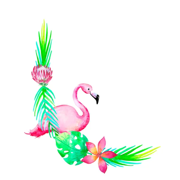 Cadre de cercle de mariage tropique aquarelle avec flamingoe.Green couronne de feuillage jungle. Modèle de conception botanique. Concept d'été. Poster blanc dessiné à la main. Plantes peintes à la main, monstère, feuille de banane, branche de palmier. — Photo