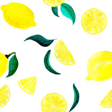 Yaprakları ile suluboya narenciye limon deseni. Narenciye dikişsiz desen, beyaz arka plan üzerinde botanik doğal illüstrasyon. Elle çizilmiş suluboya boyama. Organik desen