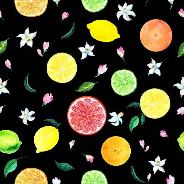 Watercolor citrus pattern blooming orange, lime, grapefruit, lemon twig with flowers, floral seamless pattern, botanical natural illustration on white background. Hand drawn watercolor painting.