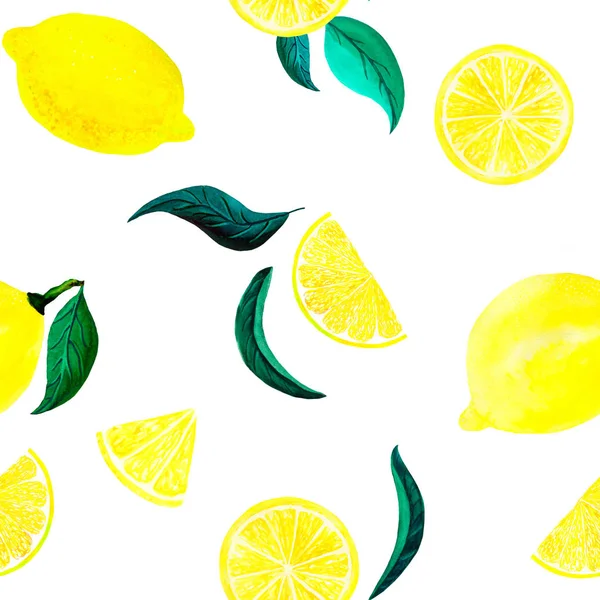 Watercolor citrus lemon pattern with leaves. Citrus seamless pattern, botanical natural illustration on white background. Hand drawn watercolor painting. Organic pattern — Stock Photo, Image