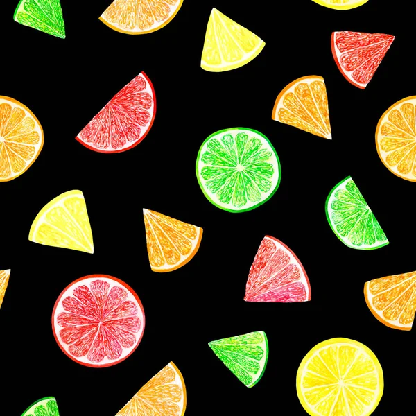 Watercolor citrus pattern with grapefruit, lime, orange, lemon slice. Citrus seamless pattern, botanical natural illustration on black background. Hand drawn watercolor painting. Organic pattern.