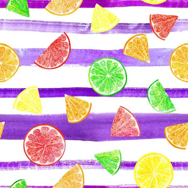 Watercolor citrus pattern with grapefruit, lime, orange, lemon slice on striped background. Citrus seamless pattern, botanical natural illustration on white background. Hand drawn watercolor painting.