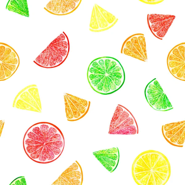 Watercolor citrus pattern with grapefruit, lime, orange, lemon slice. Citrus seamless pattern, botanical natural illustration on white background. Hand drawn watercolor painting. Organic pattern.