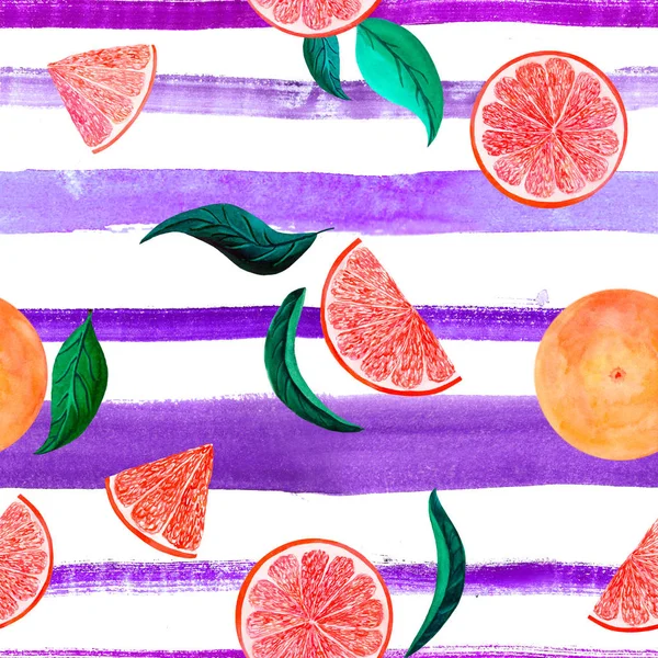 Watercolor citrus pattern grapefruit, floral seamless pattern with leaves, branch botanical natural illustration on ultra violet stripe background. Hand drawn watercolor painting. Organic pattern