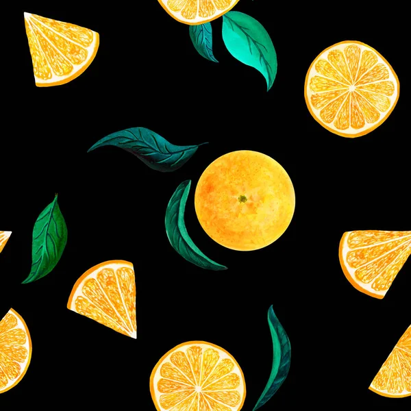 Watercolor citrus pattern orange, seamless pattern with branch, botanical natural illustration on black background. Hand drawn watercolor painting lemon leaves. Organic pattern