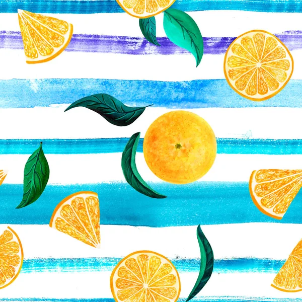 Watercolor citrus pattern orange, seamless pattern with branch, botanical natural illustration on white background, blue striped texture. Hand drawn watercolor painting. Organic pattern.