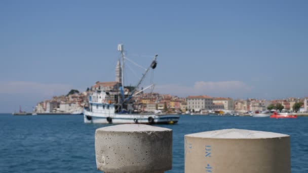 Rovinj クロアチア 海岸沿いの通りで クロアチアのイストリア半島の古い町Rovinjスカイラインのパノラマビュー Rovinjは クロアチアの人気のある観光地 文化旅行です — ストック動画