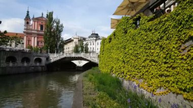 Cityscape görünümü Ljubljana eski şehirde Ljubljanica Nehri üzerinde