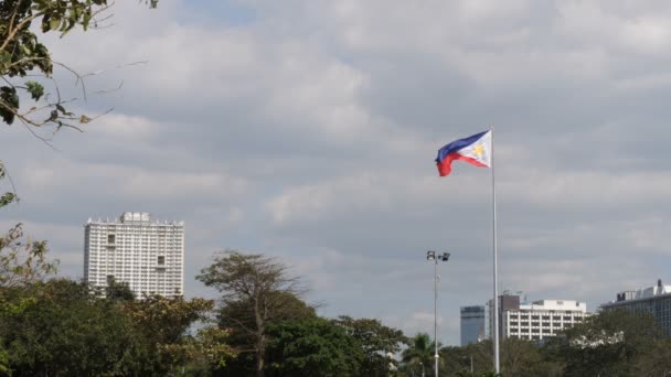 Bandiera Filippina Davanti Allo Skyline Manila — Video Stock