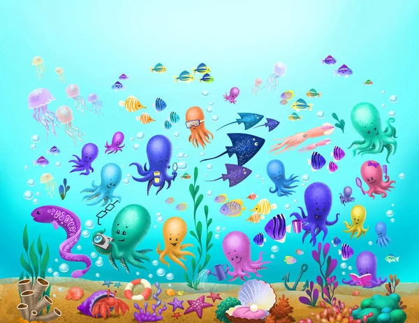 sea creatures, octopus, jellyfish, fish, sea, bubbles