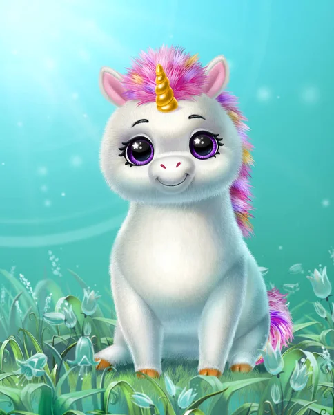 Cute Fluffy Unicorn Rainbow Mane Sits Background Field Grass Flowers — Stock Photo, Image