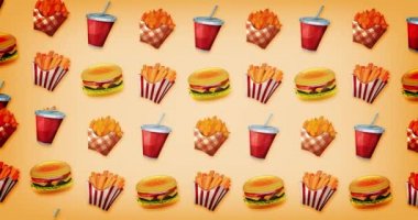 Loopable 2d hareket grafik Fast Food arka plan / animasyon tasarım vintage lokanta ile bir arka plan, hamburger, soda, fincan, Fransızca patates, patates