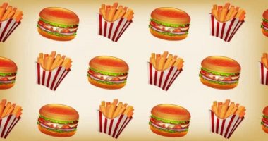 Fast food 2d hareketli grafik arka plan / animasyon tasarım lokanta ile bir arka plan, hamburger, soda, fincan, Fransız kızartması ve patates restoran reklamlar için