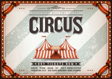 retro and vintage circus poster with marquee, big top, elegant titles and grunge texture for carnival and festival events clipart