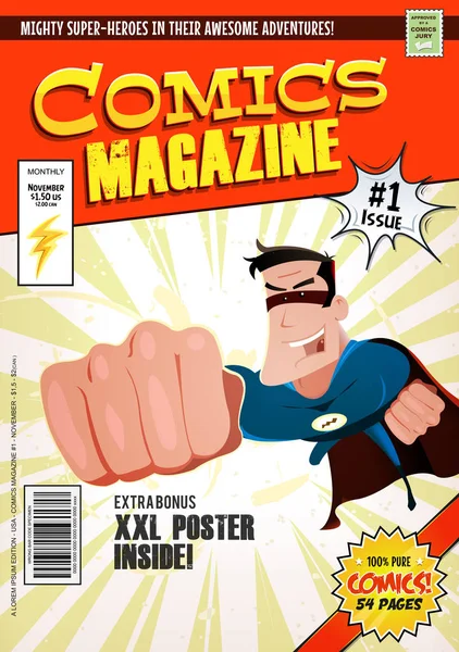Cartoon Bewerkbare Stripboek Voorbladsjabloon Met Het Super Held Karakter Vliegen — Stockvector