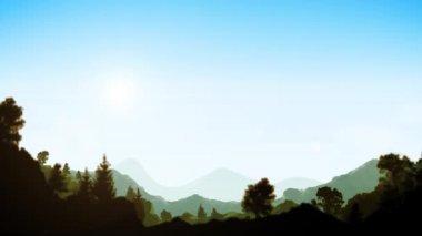 Dağlar manzara arka plan klip yaz / animasyon dağlar aralığı, gökyüzü ve günbatımı, bir güzel yaz manzara arka lens flareand parallaxe etkisi