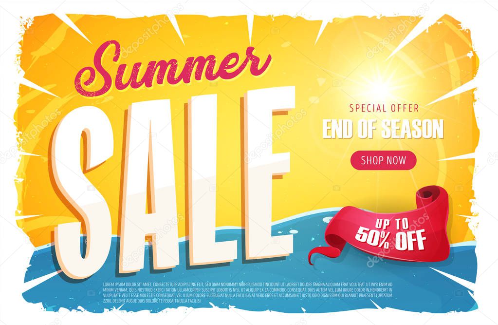 Illustration of a summer sale template banner with colorul elements, typography and grunge frame