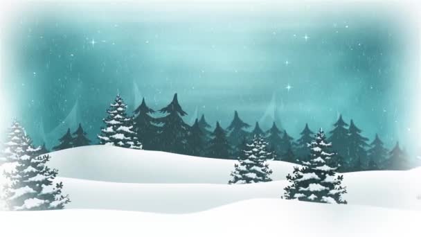 クリスマスの風景の背景ループ アニメーション シームレスな単発のクリスマスの休日降雪と雪 山と美しい星空 夜の風景 — ストック動画