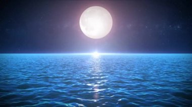 Mehtap deniz manzarası içinde arka plan / animasyon loopable gece Okyanusu güzel ay ışığı, su dalgalar doku ve yıldızlı gökyüzünün peyzaj
