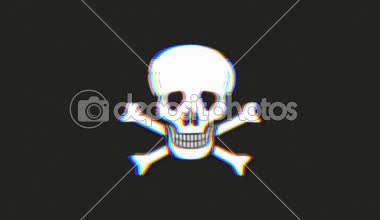 Kafatası ve çapraz kemikler simgesi üzerinde kötü eski Film Tapeanimation ile bir kafatası kemikleri çapraz korsan sembol simge, twitch, gürültü, arıza da dahil olmak üzere ve kötü etkileri görünümlü eski film kaset etkisi ile