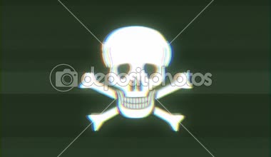 Kafatası ve çapraz kemikler simgesi üzerinde kötü eski Film Tapeanimation ile bir kafatası kemikleri çapraz korsan sembol simge, twitch, gürültü, arıza da dahil olmak üzere ve kötü etkileri görünümlü eski film kaset etkisi ile