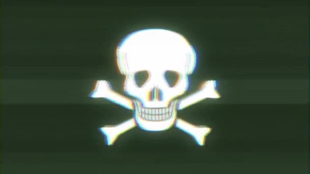 Icône de crâne et d'os croisés sur une vieille bande de mauvais filmAnimation d'un crâne avec des os croisés icône de symbole de pirate, avec l'ancien effet de bande de film, y compris les secousses, le bruit, les pépins et les effets de mauvaise apparence 
