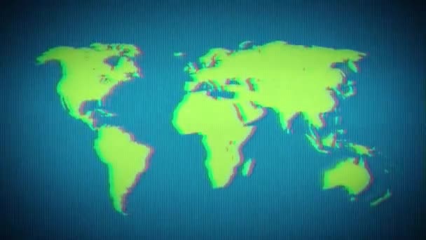 世界のヴィンテージ古いテレビで地球地図スクリーン 古いテレビ画面効果のけいれん ノイズ グリッチ 悪いなどとの世界地図記号のアニメーション効果 — ストック動画