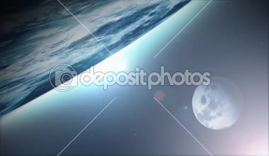 Dünya gezegeni arka plan ay ile uydu / cennet hareket ile gerçekçi bir Hd dünya gezegen yüzeyinde animasyon lens flare efekti ve ayın arkasında uydu