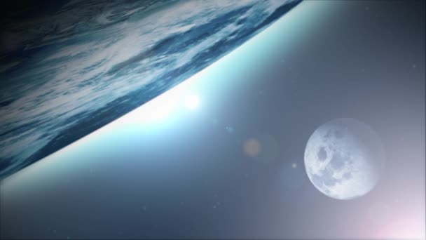 地球背景与月球卫星 动画一个现实的 地球行星表面与云风景运动 透镜耀斑作用和月亮卫星在后面 — 图库视频影像