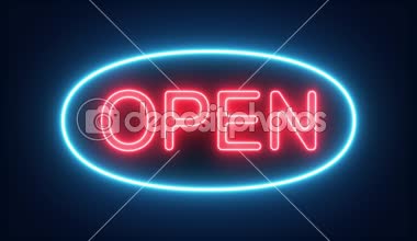 Açın Neon işareti arka plan sorunsuz döngü olduğumuzu / 4 k animasyon bir neon açık gece Mağazası, Restoran, motel ve gece iş için yanıp sönen işareti