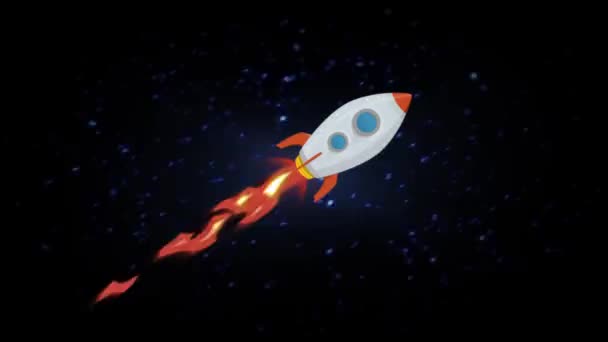 空間を介してロケット船飛行アニメーション ループ ループ アニメーション漫画レトロ ロケットの船をオフにブラストと資源の空間 — ストック動画