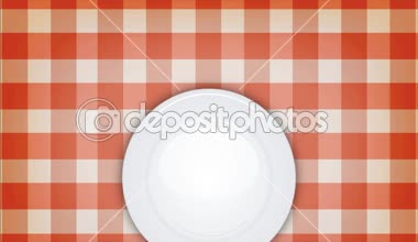 4 k ile akşam yemeği daveti arka plandaki tabloda Set / animasyon bir restoran arka plan masa örtüsü ile boş bir beyaz levha, bıçak ve çatal yemekleri, sorunsuz kolaylıkla yürürlükte görünen