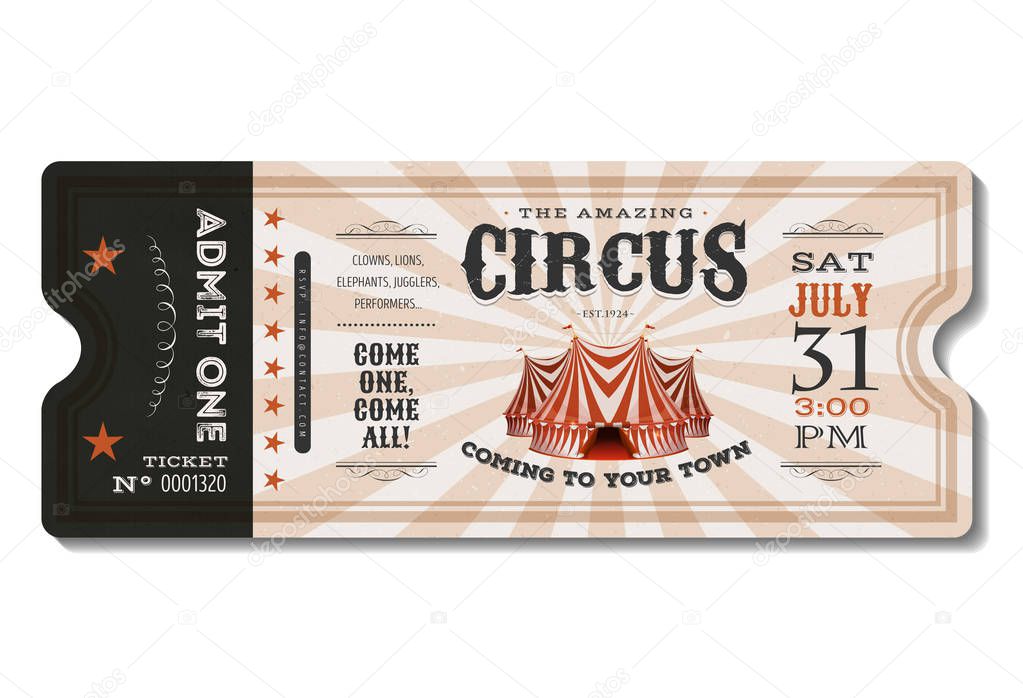 Illustration of a vintage and retro design circus ticket, with big top, admit one coupon mention, bar code and text elements for arts festival and event