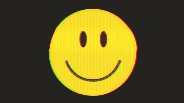 Icône souriante Passer de heureux à triste avec effet Glitch / Animation d'une icône souriante déformée des années 80 vintage, passer d'une émotion heureuse à une émotion triste avec des effets de secousses, de pépins et de mauvais regards 