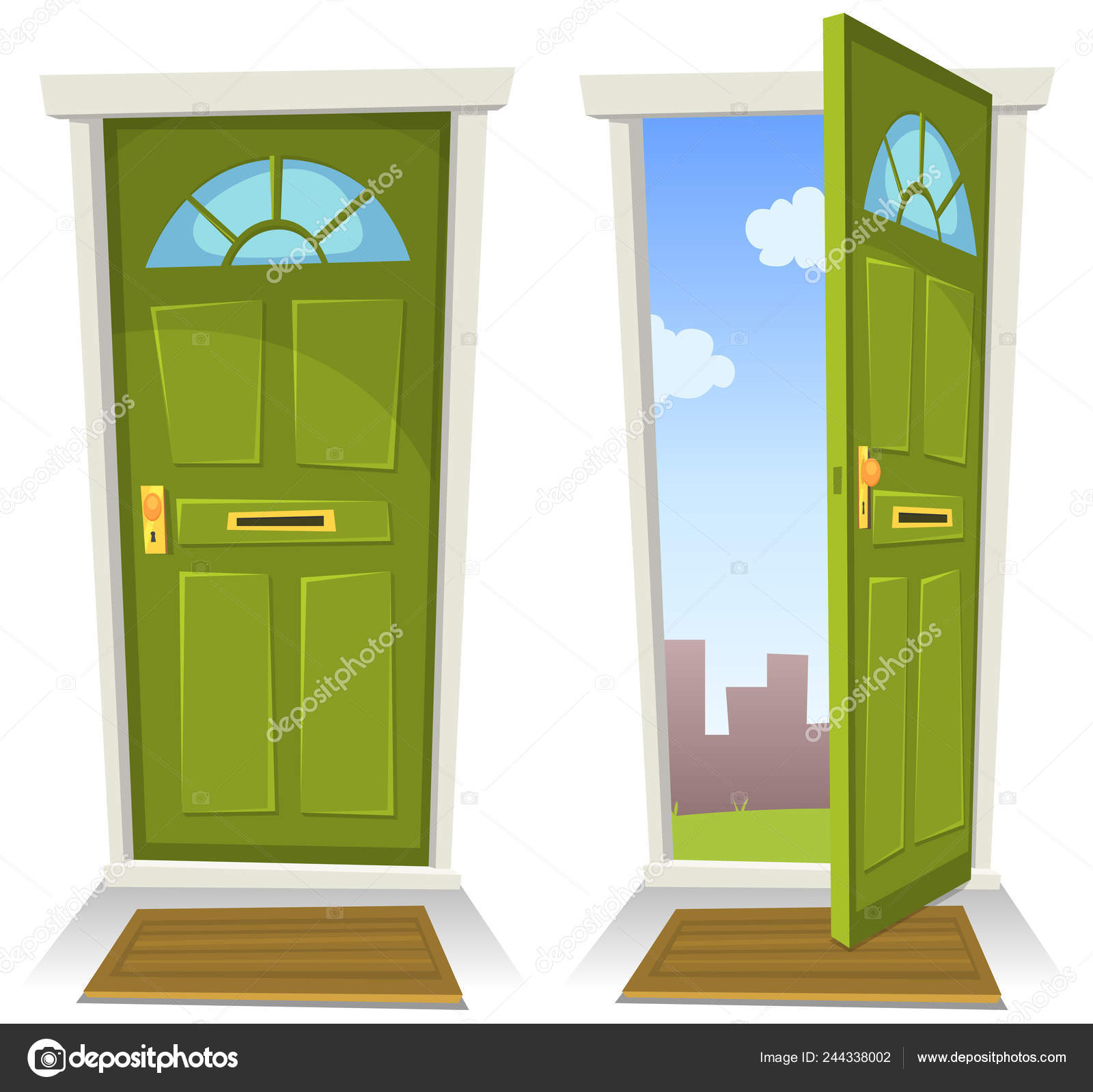 Cartoon Green Door Open Closed Ilration Front